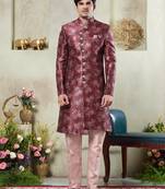 Men's maroon  sherwani set with print on computer thread work fabric art silk and faux satin