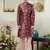 men's maroon  sherwani set with print on computer thread work fabric art silk and faux satin