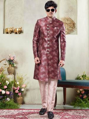 men's maroon  sherwani set with print on computer thread work fabric art silk and faux satin 2