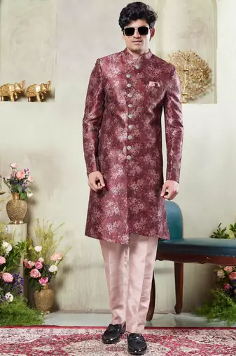 men's maroon  sherwani set with print on computer thread work fabric art silk and faux satin