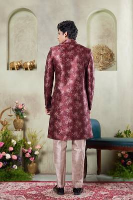 men's maroon  sherwani set with print on computer thread work fabric art silk and faux satin 3