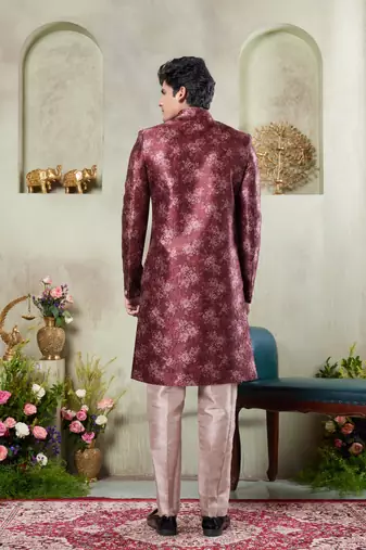 men's maroon  sherwani set with print on computer thread work fabric art silk and faux satin