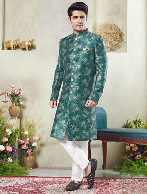 men's green  sherwani set with print on computer thread work fabric art silk and faux satin 1