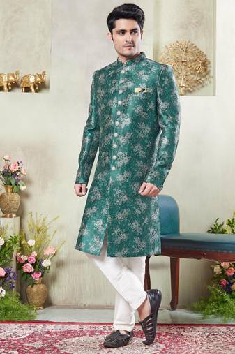 Men's green  sherwani set with print on computer thread work fabric art silk and faux satin