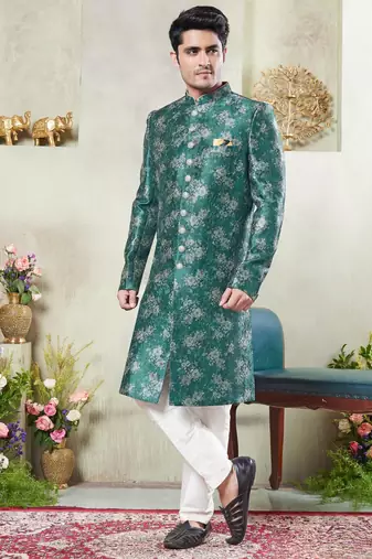Men's green  sherwani set with print on computer thread work fabric art silk and faux satin