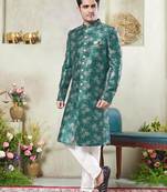 Men's green  sherwani set with print on computer thread work fabric art silk and faux satin