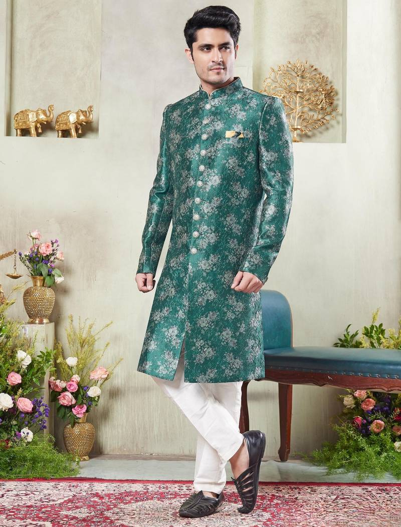 Men's green  sherwani set with print on computer thread work fabric art silk and faux satin