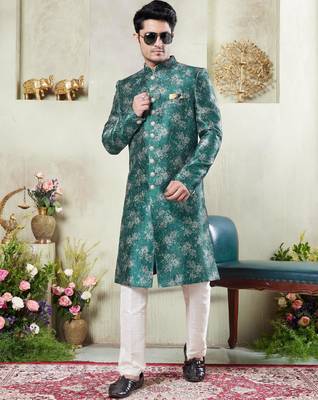 men's green  sherwani set with print on computer thread work fabric art silk and faux satin 2