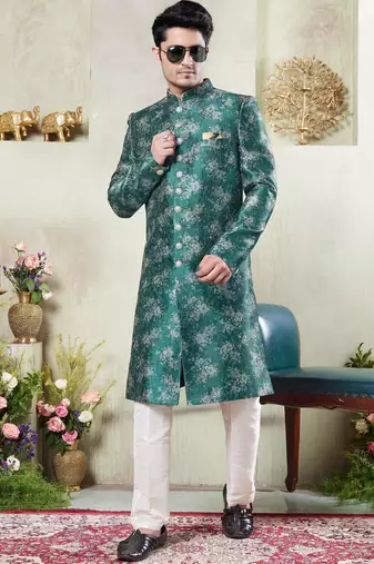 men's green  sherwani set with print on computer thread work fabric art silk and faux satin