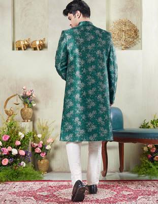 men's green  sherwani set with print on computer thread work fabric art silk and faux satin 3