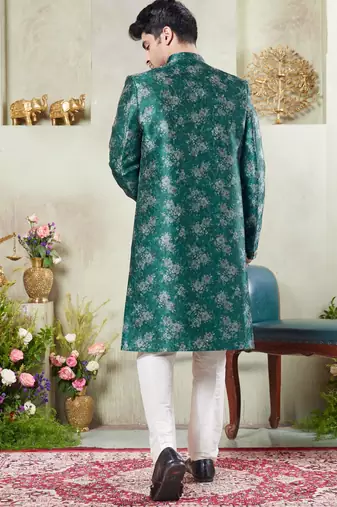 men's green  sherwani set with print on computer thread work fabric art silk and faux satin