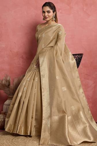 Beige soft silk blend weaving saree