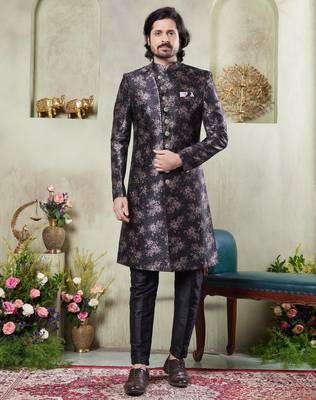men's black  sherwani set with print on computer thread work fabric art silk and faux satin 1