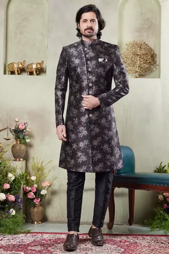 Men's black  sherwani set with print on computer thread work fabric art silk and faux satin