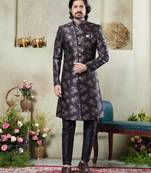 Men's black  sherwani set with print on computer thread work fabric art silk and faux satin