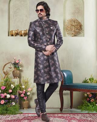 men's black  sherwani set with print on computer thread work fabric art silk and faux satin 3