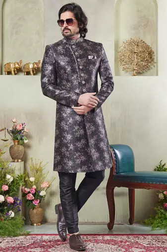 men's black  sherwani set with print on computer thread work fabric art silk and faux satin