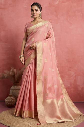 Baby pink soft silk blend weaving saree