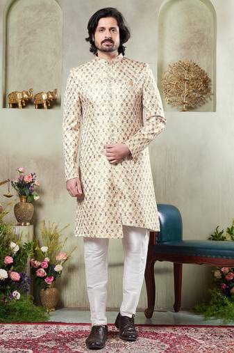 Men's beige  sherwani set with digital print on fabric art silk and faux satin