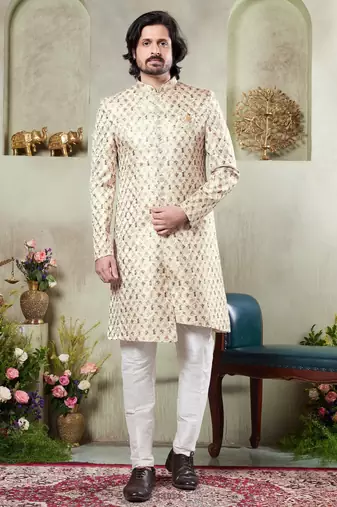 Men's beige  sherwani set with digital print on fabric art silk and faux satin