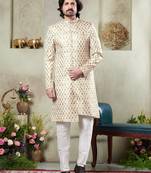 Men's beige  sherwani set with digital print on fabric art silk and faux satin