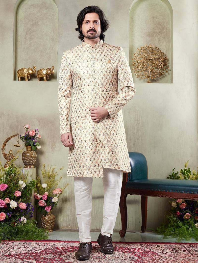 Men's beige  sherwani set with digital print on fabric art silk and faux satin