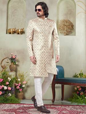 men's beige  sherwani set with digital print on fabric art silk and faux satin 2