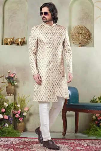 men's beige  sherwani set with digital print on fabric art silk and faux satin