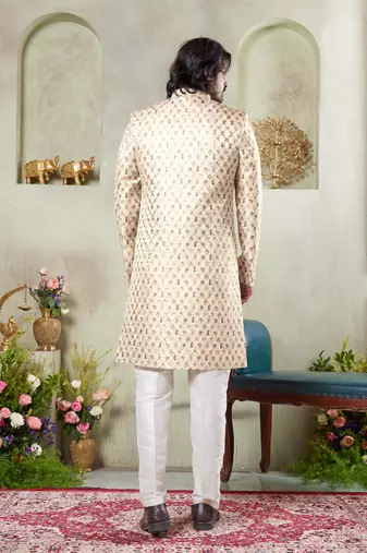 men's beige  sherwani set with digital print on fabric art silk and faux satin