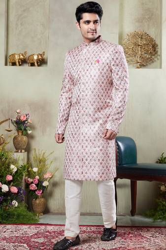Men's pink  sherwani set with digital print on fabric art silk and faux satin
