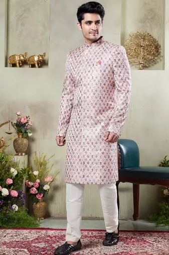 Men's pink  sherwani set with digital print on fabric art silk and faux satin