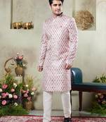 Men's pink  sherwani set with digital print on fabric art silk and faux satin