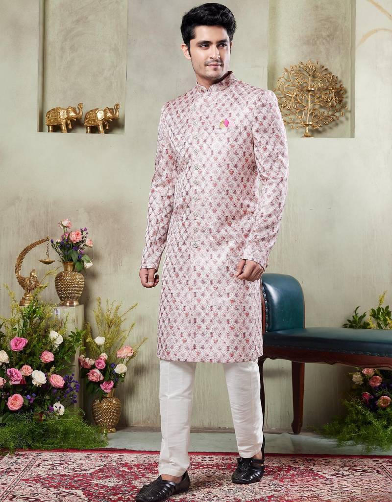 Men's pink  sherwani set with digital print on fabric art silk and faux satin