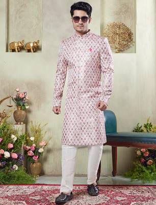 men's pink  sherwani set with digital print on fabric art silk and faux satin 2