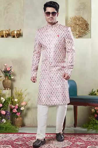 men's pink  sherwani set with digital print on fabric art silk and faux satin
