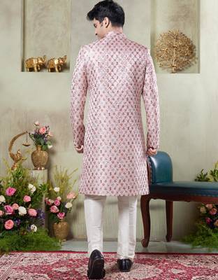 men's pink  sherwani set with digital print on fabric art silk and faux satin 3