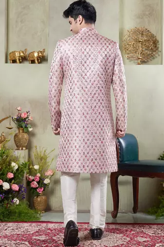 men's pink  sherwani set with digital print on fabric art silk and faux satin