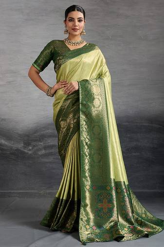Parrot green soft kanjivaram silk blend meenakari weaving saree