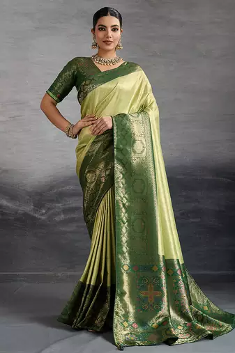 Parrot green soft kanjivaram silk blend meenakari weaving saree