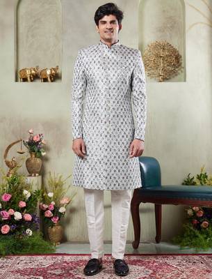 men's green  sherwani set with digital print on fabric art silk and faux satin 1