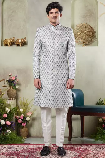 Men's green  sherwani set with digital print on fabric art silk and faux satin