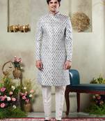 Men's green  sherwani set with digital print on fabric art silk and faux satin