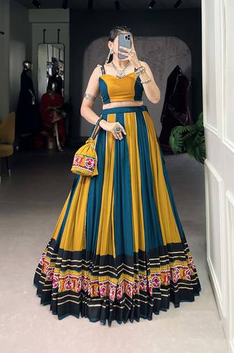 mustard Rayon Chaniya Choli with Intricate Gamthi Work & Gota Patti Lace