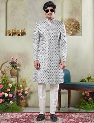 men's green  sherwani set with digital print on fabric art silk and faux satin 2