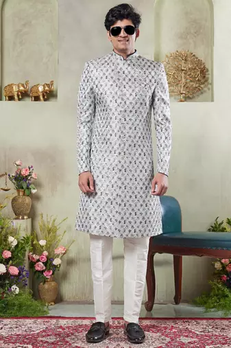 men's green  sherwani set with digital print on fabric art silk and faux satin