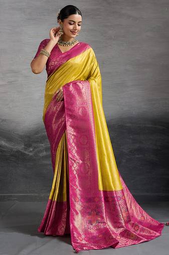 Yellow soft kanjivaram silk blend meenakari weaving saree