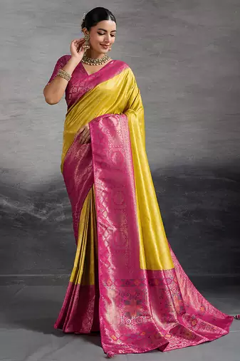 Yellow soft kanjivaram silk blend meenakari weaving saree