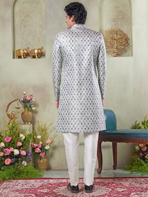 men's green  sherwani set with digital print on fabric art silk and faux satin 3