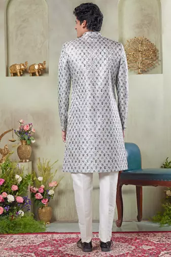 men's green  sherwani set with digital print on fabric art silk and faux satin