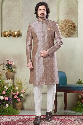 Men's brown  sherwani set with digital print on fabric art silk and faux satin